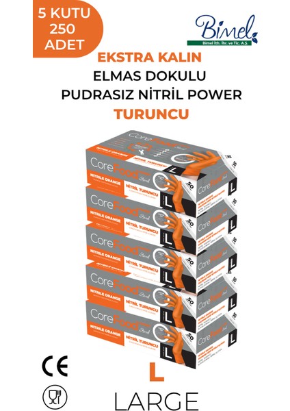 Nitril Turuncu Power Pudrasız Muayene Eldiveni L - 5 Paket 50 Li