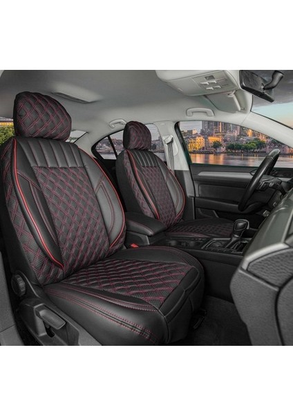 Aldysm Renault Fluence Uyumlu Yarı Deri Oto Koltuk Kılıfı Ön Arka Takım Siyah Kırmızı Mk