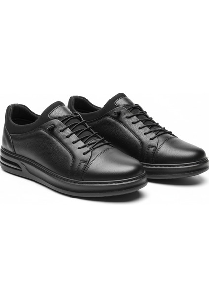 GR0408 Hakiki Deri Akıllı Bağcık Bilekten Streçli Ortopedik Siyah Renk Erkek Ayakkabı