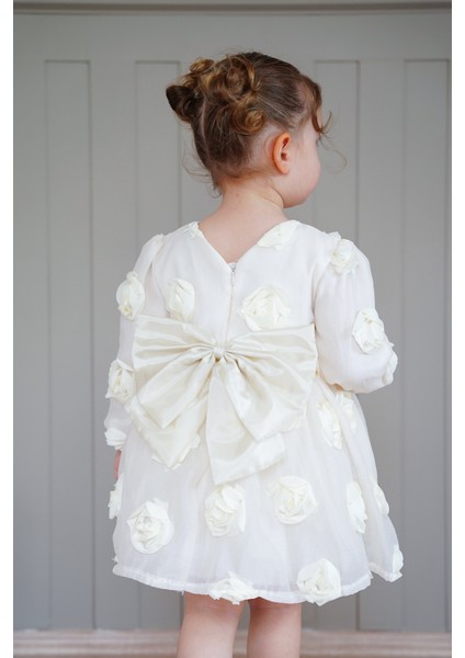 Kız Bebek Elbise Uzun Kollu Fiyonklu Güllü Doğum Günü Parti Düğün Özel Gün Abiye Kız Çocuk Elbise ALY1021