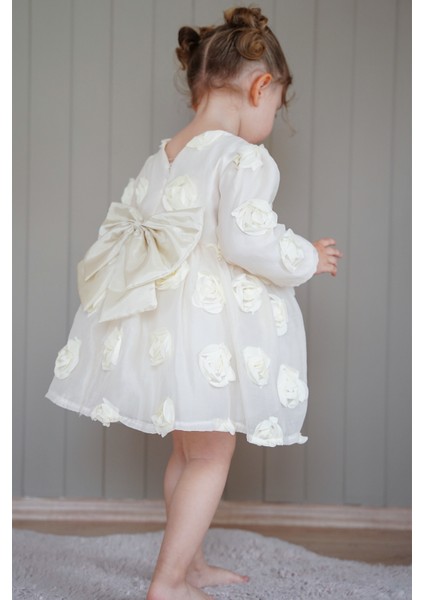 Kız Bebek Elbise Uzun Kollu Fiyonklu Güllü Doğum Günü Parti Düğün Özel Gün Abiye Kız Çocuk Elbise ALY1021