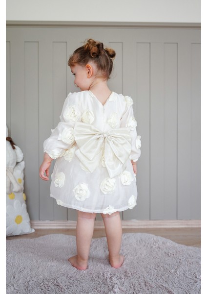 Kız Bebek Elbise Uzun Kollu Fiyonklu Güllü Doğum Günü Parti Düğün Özel Gün Abiye Kız Çocuk Elbise ALY1021