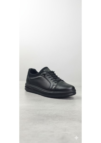 GR0408 Hakiki Deri Akıllı Bağcık Bilekten Streçli Ortopedik Siyah Renk Erkek Ayakkabı