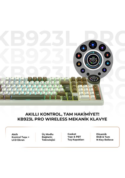 Gamenote KB923L Pro Tri-Mode Kablosuz Mekanik Rgb Oyuncu Klavyesi – LCD Ekranlı