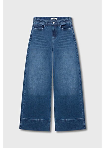 Kadın Bej Renk Geniş Paça Denim Pantolon Klasik Cepli Normal Kalıp