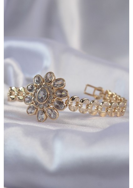 Pirinç Gold Renk Iri Zirkon Taşlı Çiçek Figürlü Bileklik fiyatları