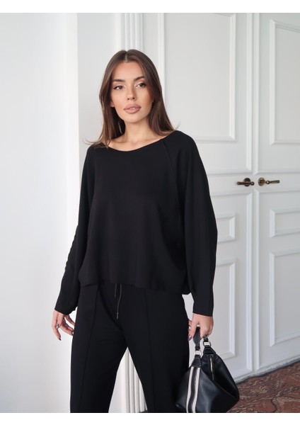 Siyah Geniş Yaka Dikiş Detaylı Modal Bluz - Palazzo Pantolon Takım fiyatları
