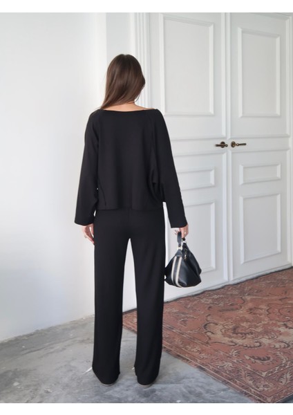 Siyah Geniş Yaka Dikiş Detaylı Modal Bluz - Palazzo Pantolon Takım fırsatları