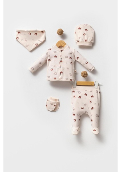 %100 Organik Pamuk Coconut Baskı 5'li Bebek Hastane Çıkış Seti