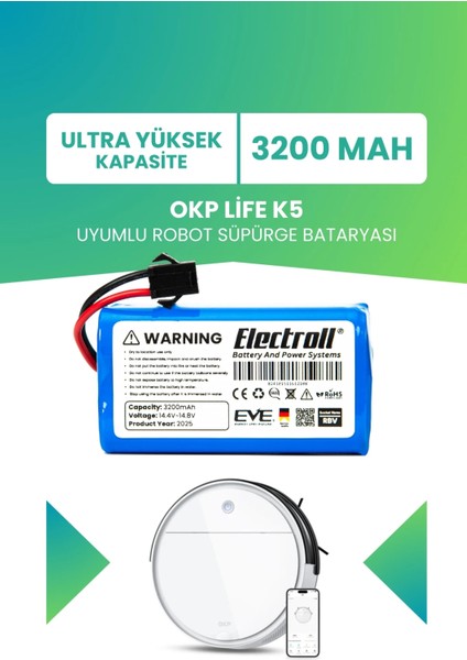 Okp Life K5 Uyumlu Batarya (Ultra Yüksek Kapasite) 3200MAH Robot Süpürge Bataryası