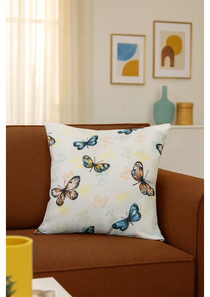 Duck Kelebekli Kırlent Kılıfı Bej Sarı V1 40X40