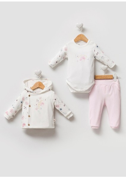 Organik Kumaş Çiçek Desenli Hırkalı 3'lü Kız Bebek Takım
