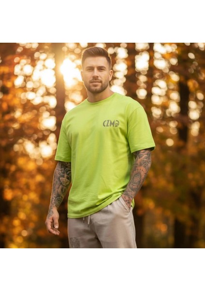 Skull Baskılı Neon Yeşil Oversize Tişört