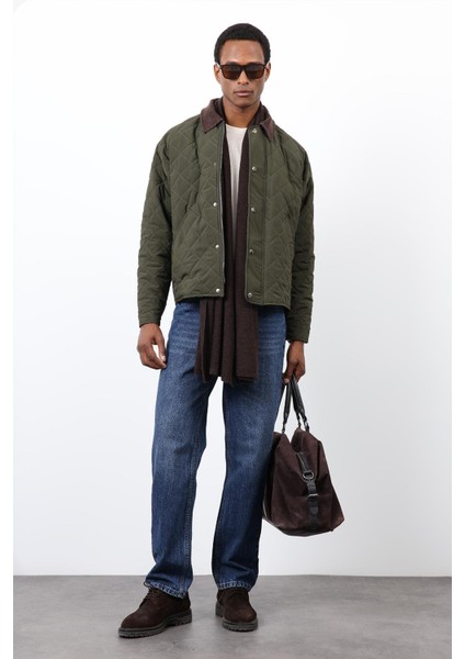 Haki Kontrast Yaka Baklava Desenli Erkek Mont