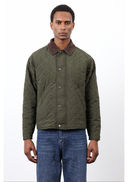 Haki Kontrast Yaka Baklava Desenli Erkek Mont modelleri