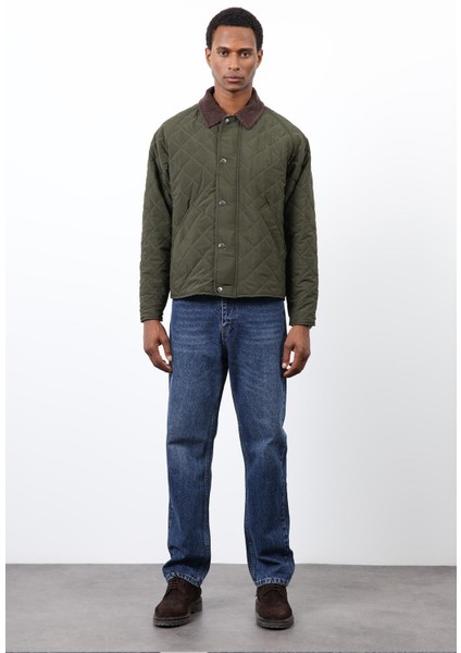 Haki Kontrast Yaka Baklava Desenli Erkek Mont fırsatları