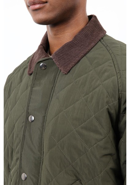 Haki Kontrast Yaka Baklava Desenli Erkek Mont indirimleri