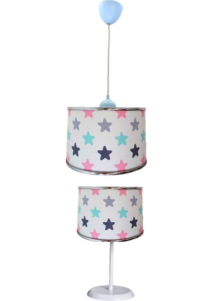 Pembe Yıldızlı 2.li Set M-816 Kumaş Kaplama Genç ve Çocuk Odası Avize ve Abajur Takımı