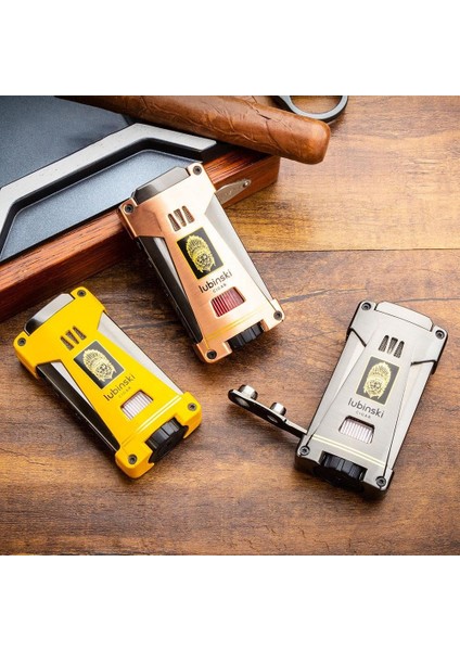 Yeni Seri Sehpalı Çift Delicili Üç Torch Puro Çakmağı Sarı