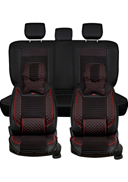 Aldysm Volkswagen Bora Lüx Deri Oto Koltuk Kılıfı Ön Arka Takım (Elit) Siyah Kırmızı