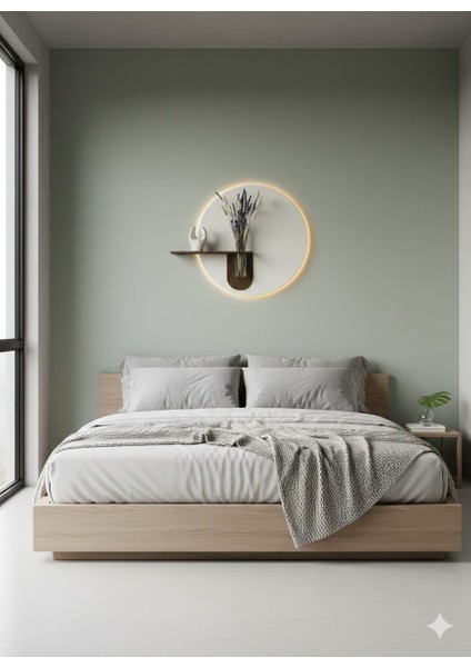 Orkide Ahşap Pilli Ledli Iskandinav Tarzı Salon Duvar Rafı Modern Çiçeklik 50 cm