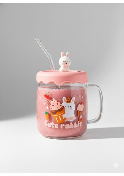 Silikon Kapaklı Pipetli 500ML Cam Bardak Kupa