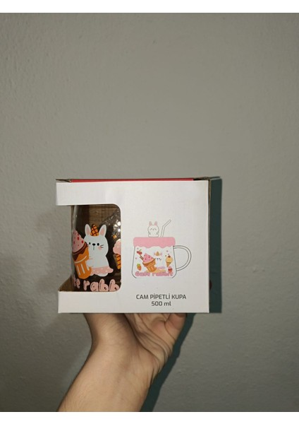 Silikon Kapaklı Pipetli 500ML Cam Bardak Kupa