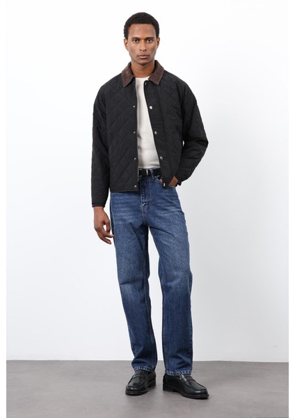 Siyah Kontrast Yaka Baklava Desenli Erkek Mont