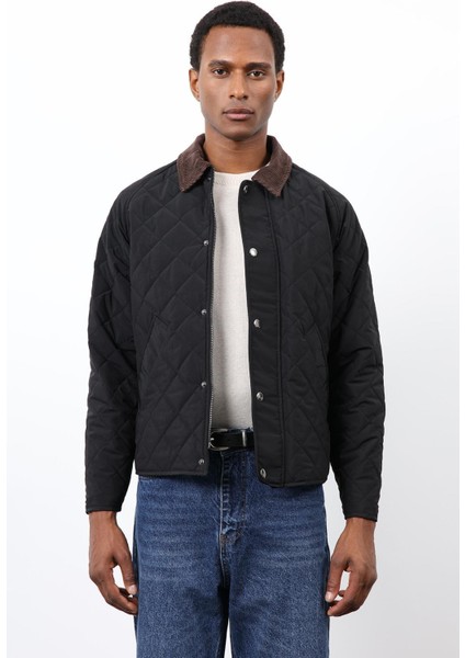 Siyah Kontrast Yaka Baklava Desenli Erkek Mont modelleri