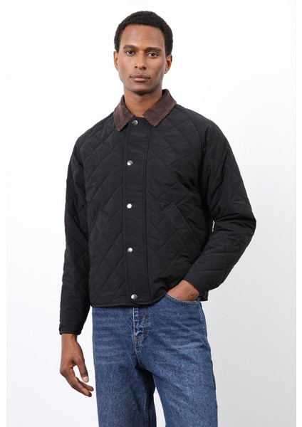 Siyah Kontrast Yaka Baklava Desenli Erkek Mont indirimleri