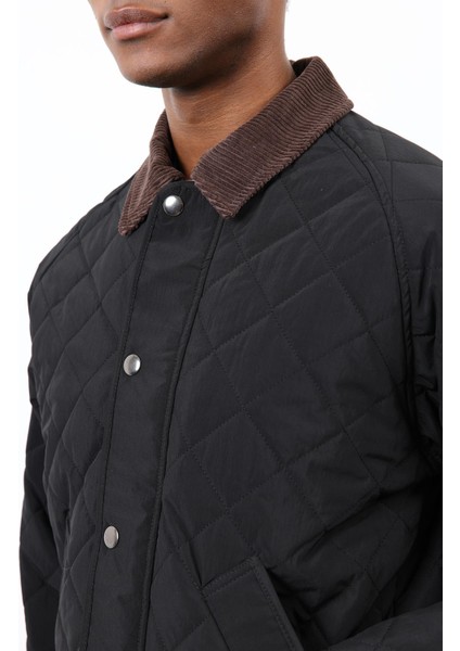 Siyah Kontrast Yaka Baklava Desenli Erkek Mont