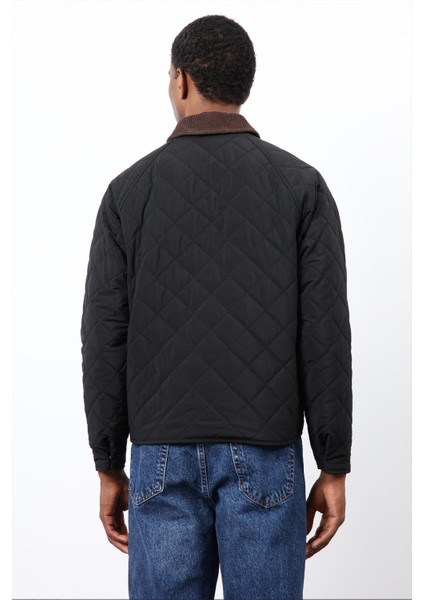 Siyah Kontrast Yaka Baklava Desenli Erkek Mont