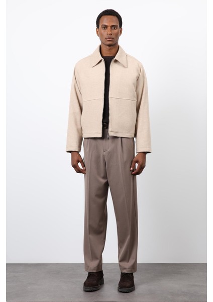 Bej Regular Fit Dokulu Erkek Mont modelleri