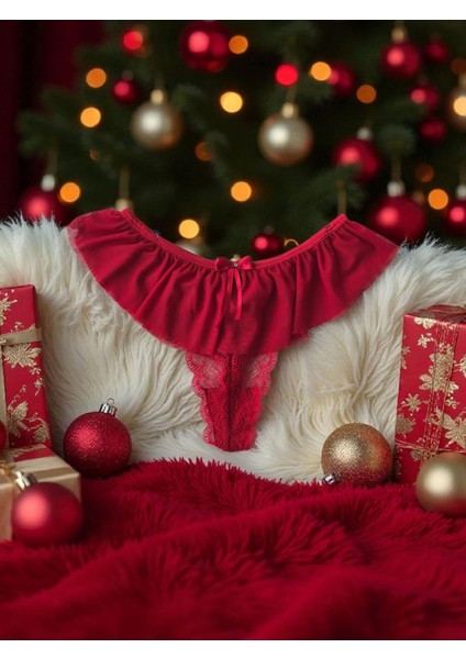 - Yılbaşı Temalı Dantel & Tül Detaylı String Kadın Külot – Özel Tasarım - Hediye Paketli