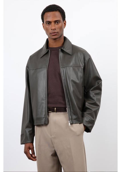 Haki Relax Fit Erkek Deri Mont fırsatları