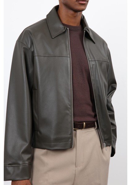 Haki Relax Fit Erkek Deri Mont indirimleri