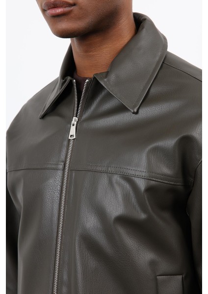 Haki Relax Fit Erkek Deri Mont