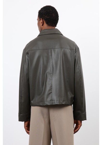 Haki Relax Fit Erkek Deri Mont