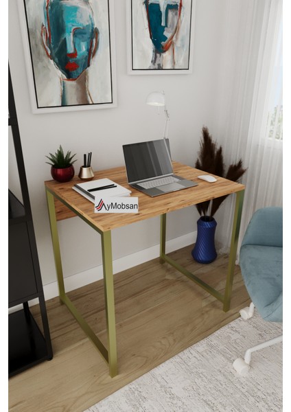 Selin Metal Ayaklı Çalışma Masası – Atlantik Çam Suntalam, Gold Metal Ayak, Modern Ofis & Ev Masası