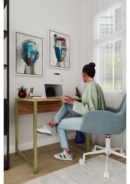 Selin Metal Ayaklı Çalışma Masası – Atlantik Çam Suntalam, Gold Metal Ayak, Modern Ofis & Ev Masası fiyatları