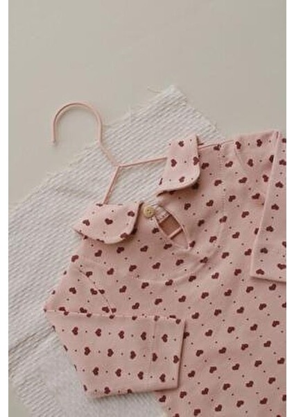 Kalp Baskılı Unisex Bebe Yaka Alt Üst Takım Rahat Kullanım için Tasarlandı