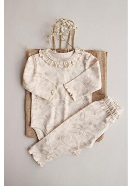 Unisex Krem Dal Desenli Fırfırlı Body Tayt Takım Rahat Kullanım İçin Tasarlandı indirimleri