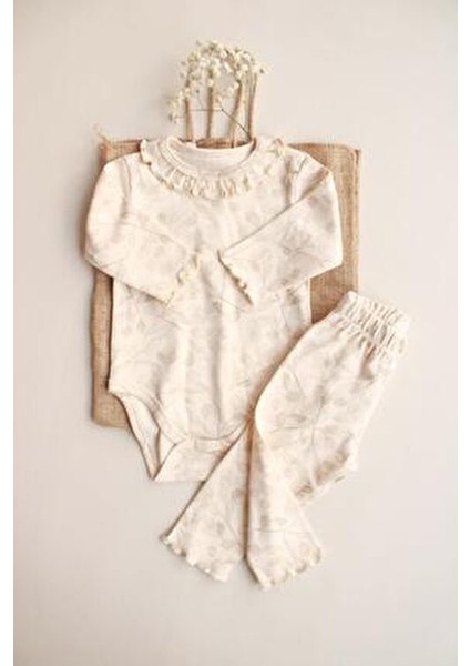 Unisex Fırfırlı Body Tayt Takım Krem Renkli Dal Desenli Bebekler İçin Şık