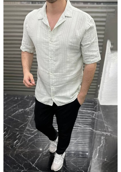 Regular Kesim Desenli Kısa Kollu Cotton Gömlek-Bej