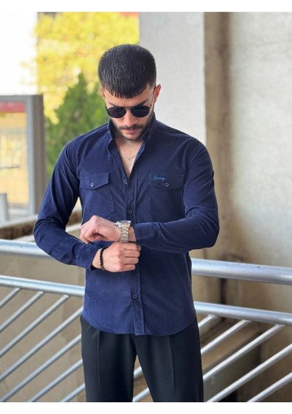 Slimfit Kesim Erkek Kadife Kumas Cift Cepli Gömlek-Lacivert