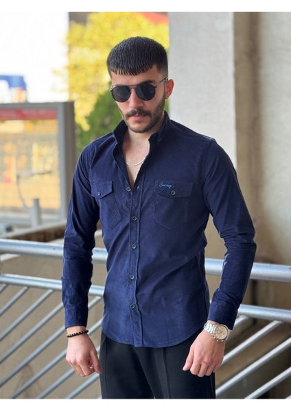 Slimfit Kesim Erkek Kadife Kumas Cift Cepli Gömlek-Lacivert fiyatları