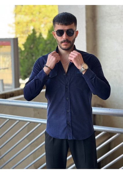 Slimfit Kesim Erkek Kadife Kumas Cift Cepli Gömlek-Lacivert modelleri