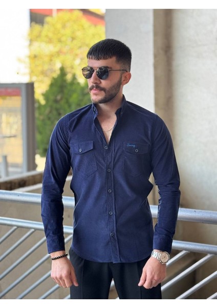 Slimfit Kesim Erkek Kadife Kumas Cift Cepli Gömlek-Lacivert fırsatları