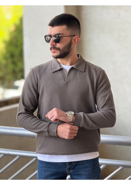 Slimfit Kesim Erkek Yakalı Düz Desen Örme Triko Kazak-Kahve