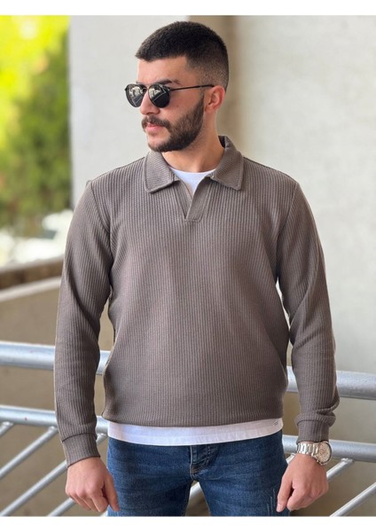 Slimfit Kesim Erkek Yakalı Düz Desen Örme Triko Kazak-Kahve fiyatları